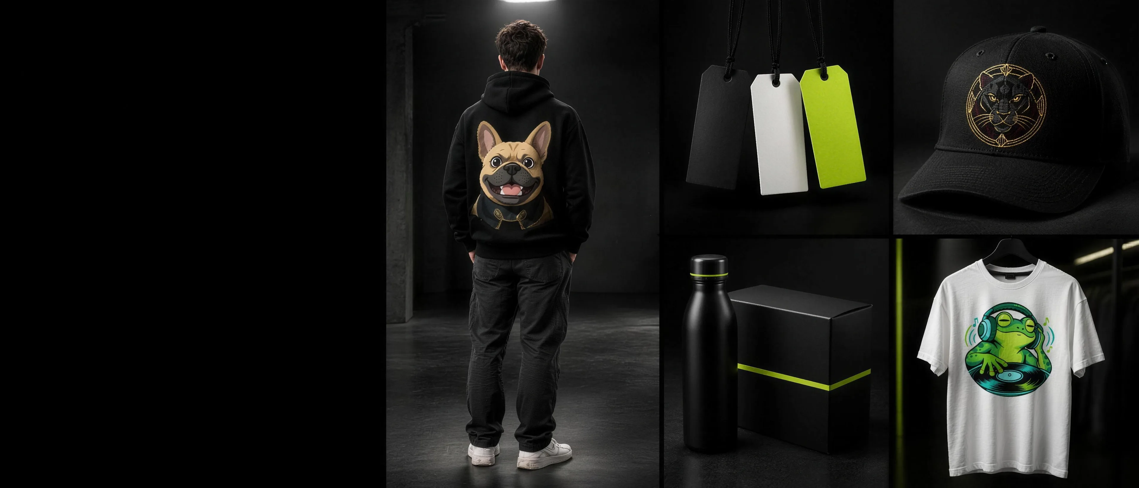 PRINT4u products: a hoodie with a bulldog print, hang tags, a panther cap, a bottle with a gift box, and a frog t-shirt.
