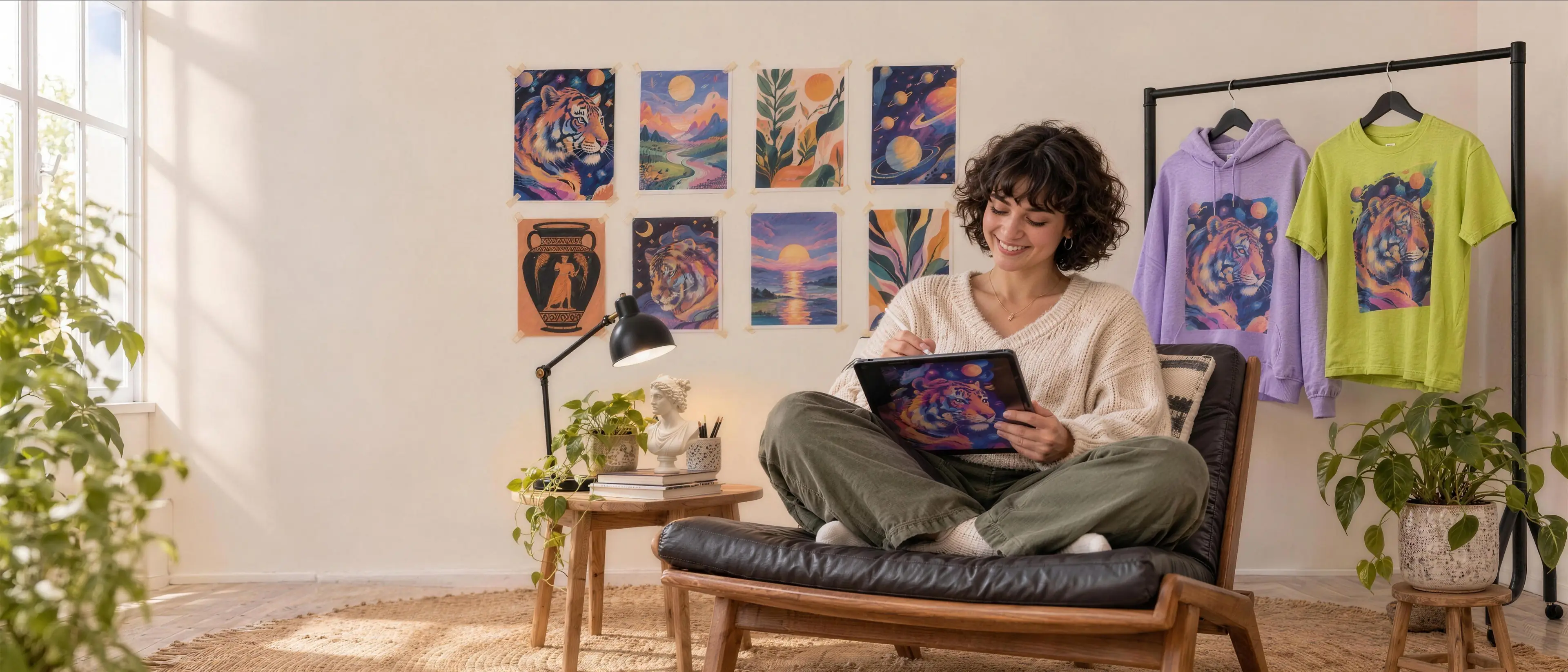 A woman sketching a cosmic tiger on a tablet in a sunny studio, the same design already printed on a lavender hoodie and a chartreuse tee.