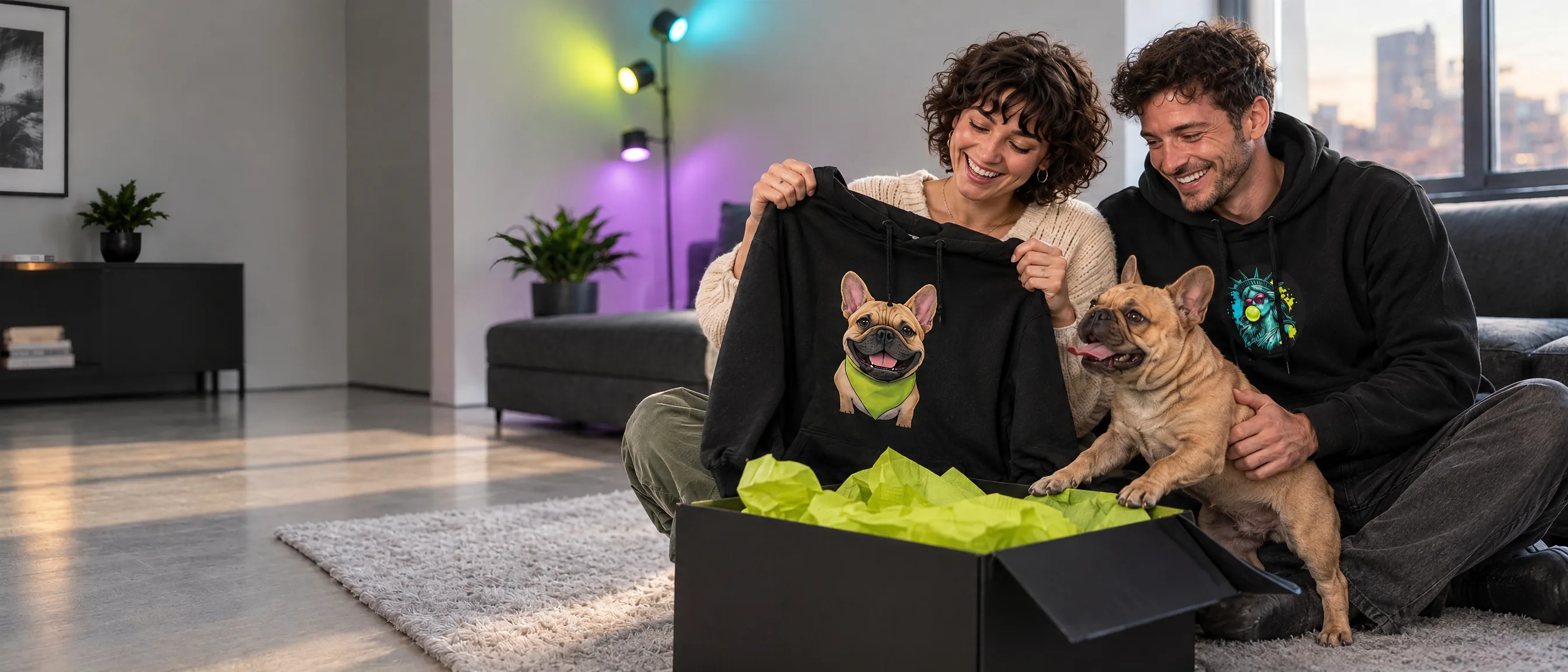 A woman and a man unboxing a black hoodie printed with a cartoon of their French bulldog while the dog jumps up at the box.