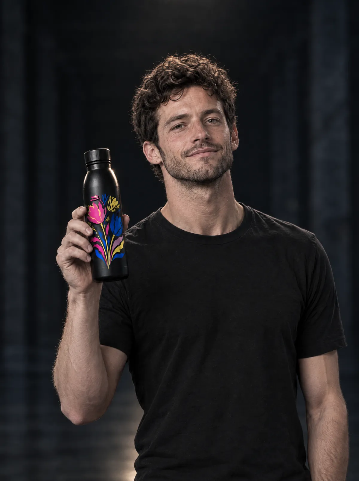 The same man holding up a matte black bottle printed with pink, yellow and blue tulips