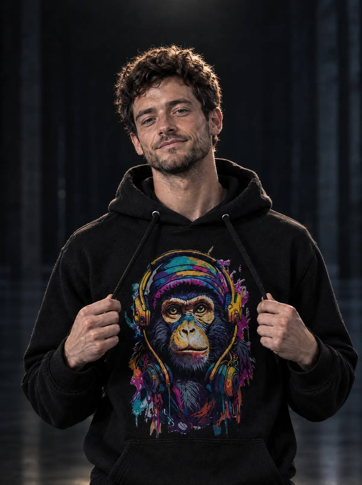 The same man pulling the drawstrings of a black hoodie printed with a DJ monkey in headphones