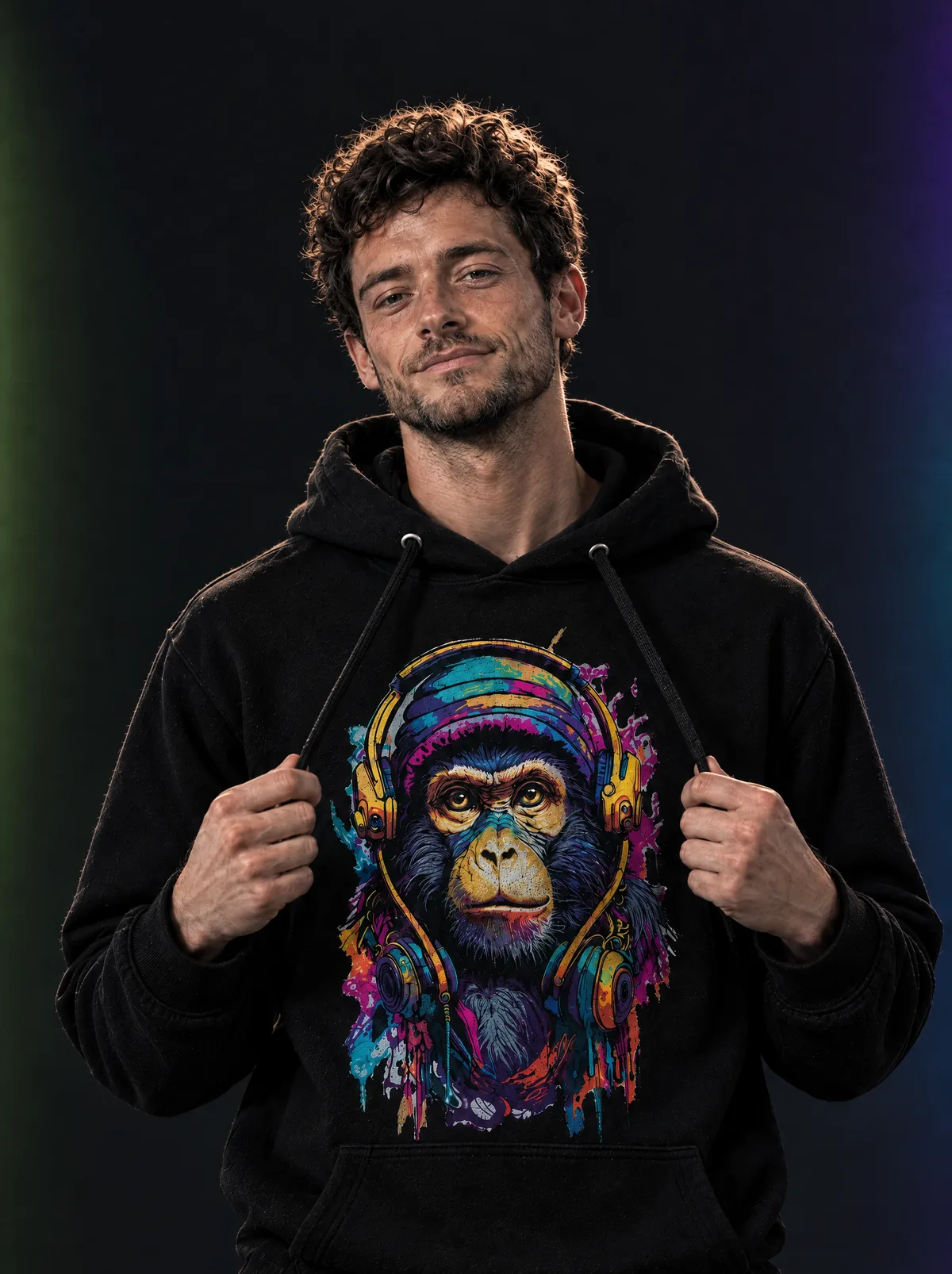 The same man pulling the drawstrings of a black hoodie printed with a DJ monkey in headphones