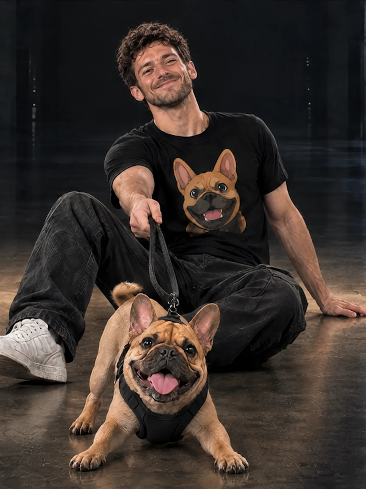 The same man sitting on the floor, smiling at his French bulldog in a harness, wearing a black tee printed with a cartoon of the dog