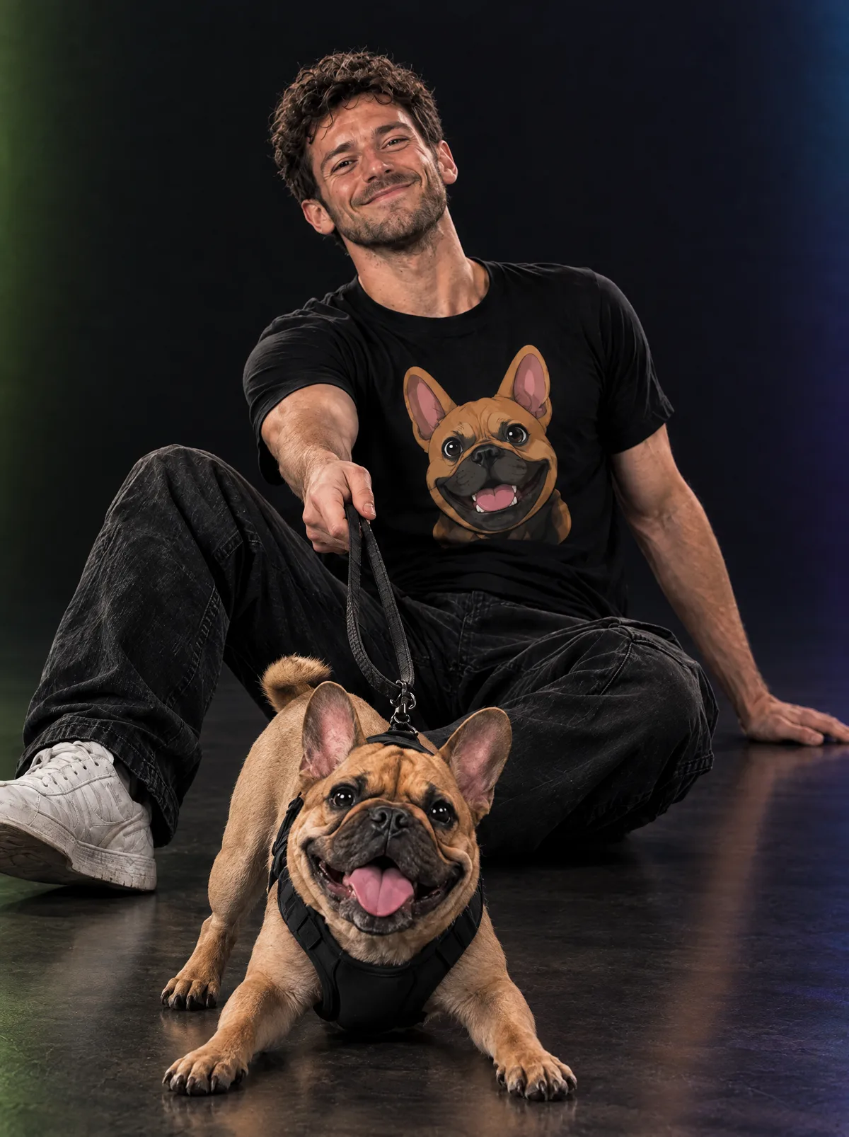The man sitting on the studio floor, smiling at his French bulldog in a harness, wearing a black tee printed with a cartoon of the dog