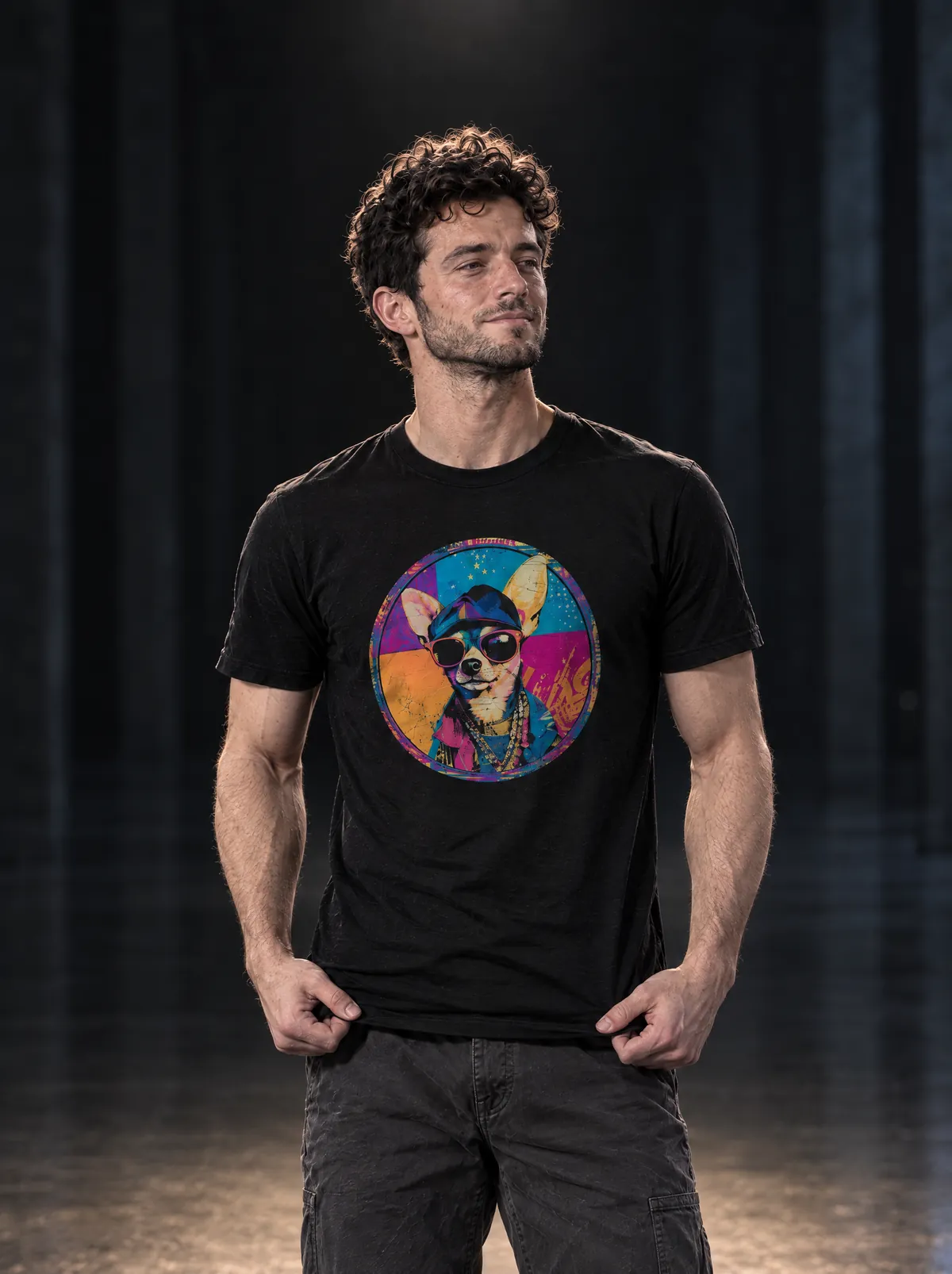 A young man with curly hair in a black tee printed with a pop-art chihuahua in sunglasses