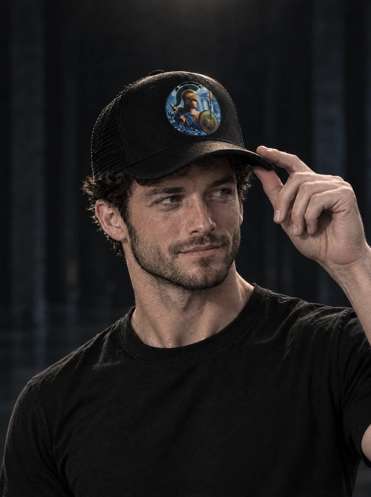 The same man touching the brim of a black trucker hat with a round Athena emblem